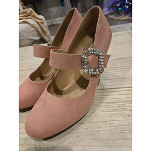 Pink Suede Mary Jane Rhinestone Buckle Pumps Women's 9.5/10 Party Cottage